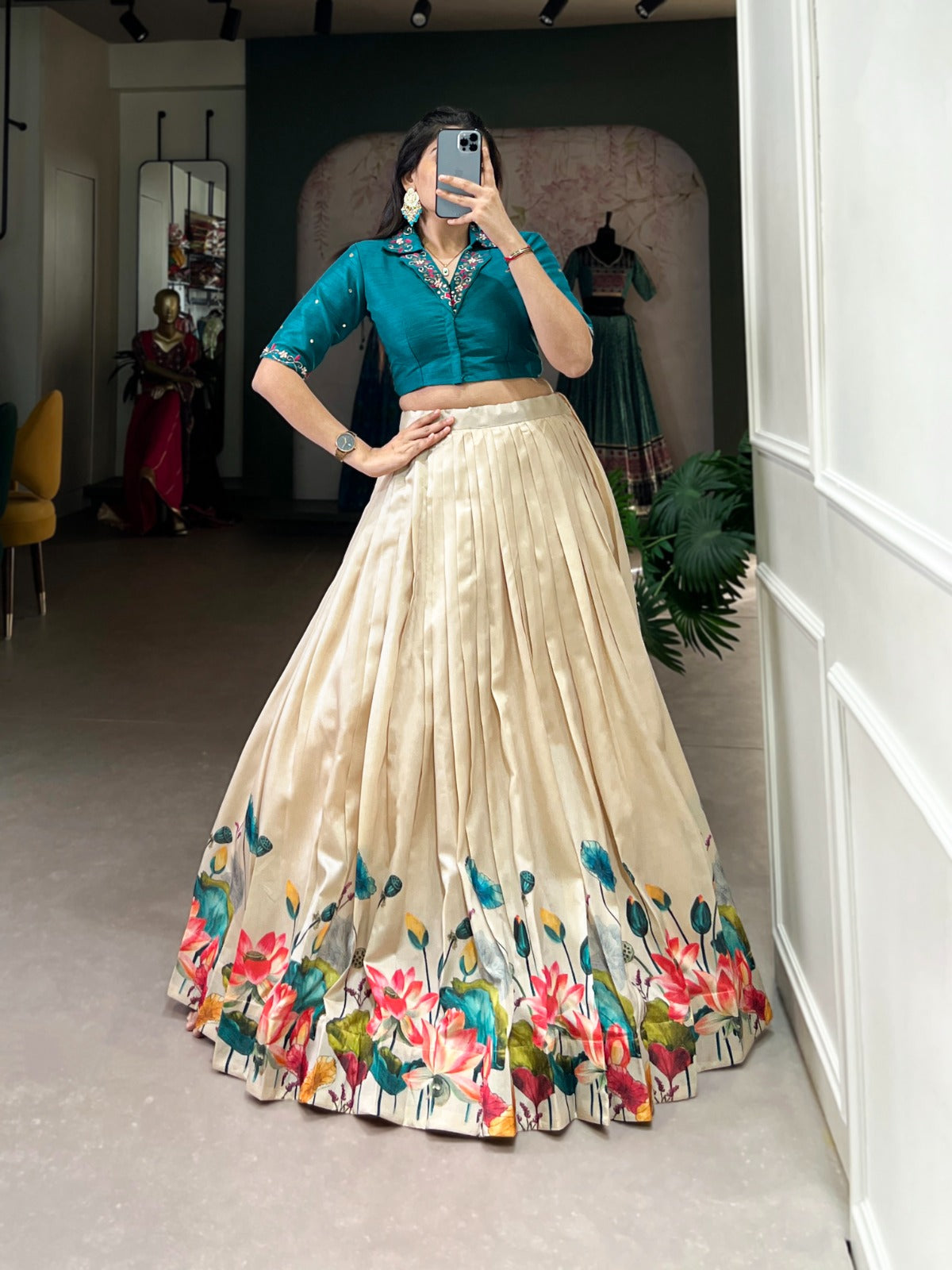 Tussar silk fabric Floral print work lehenga with stitched blouse Off White Lehenga choli