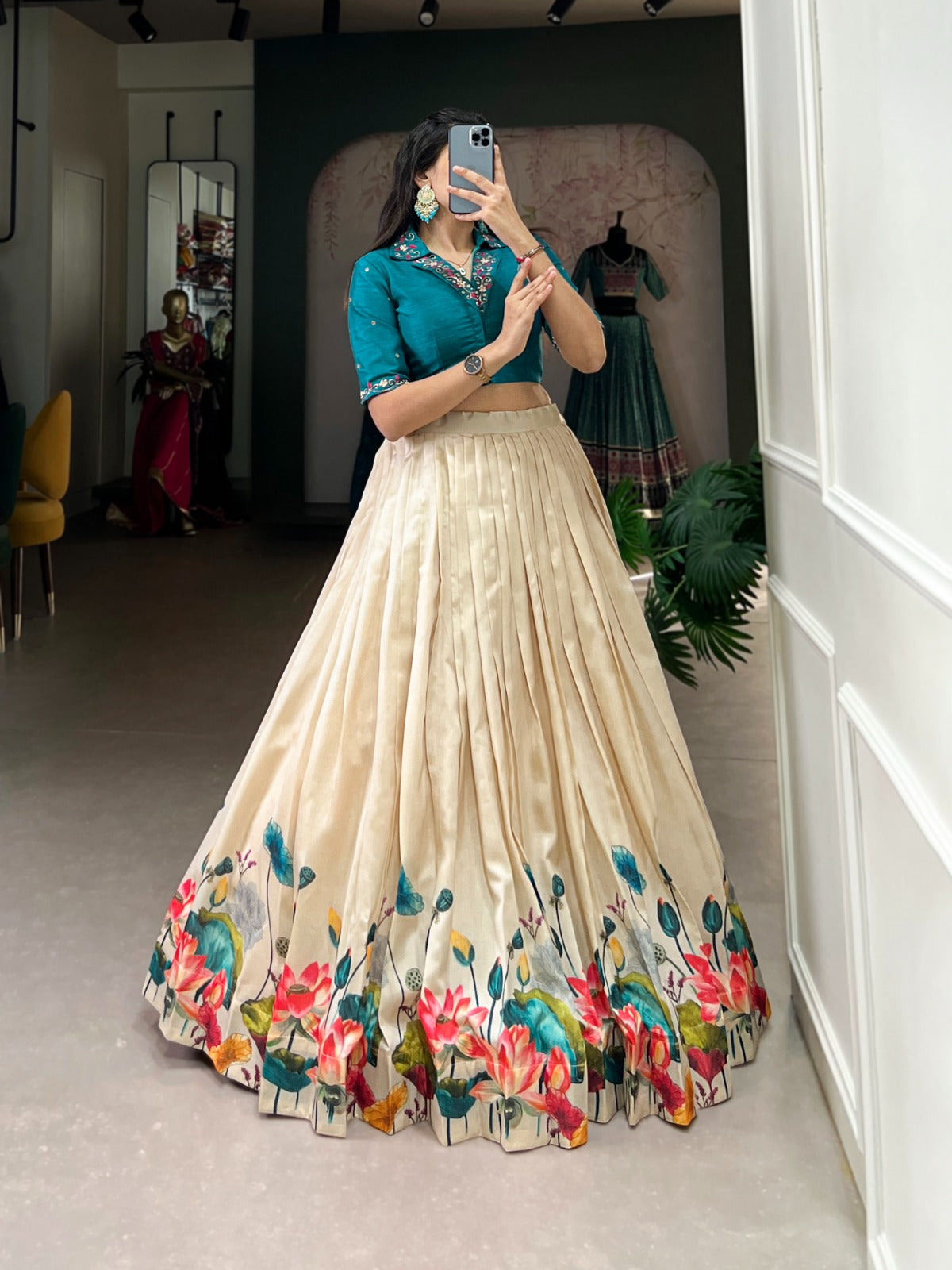 Tussar silk fabric Floral print work lehenga with stitched blouse Off White Lehenga choli