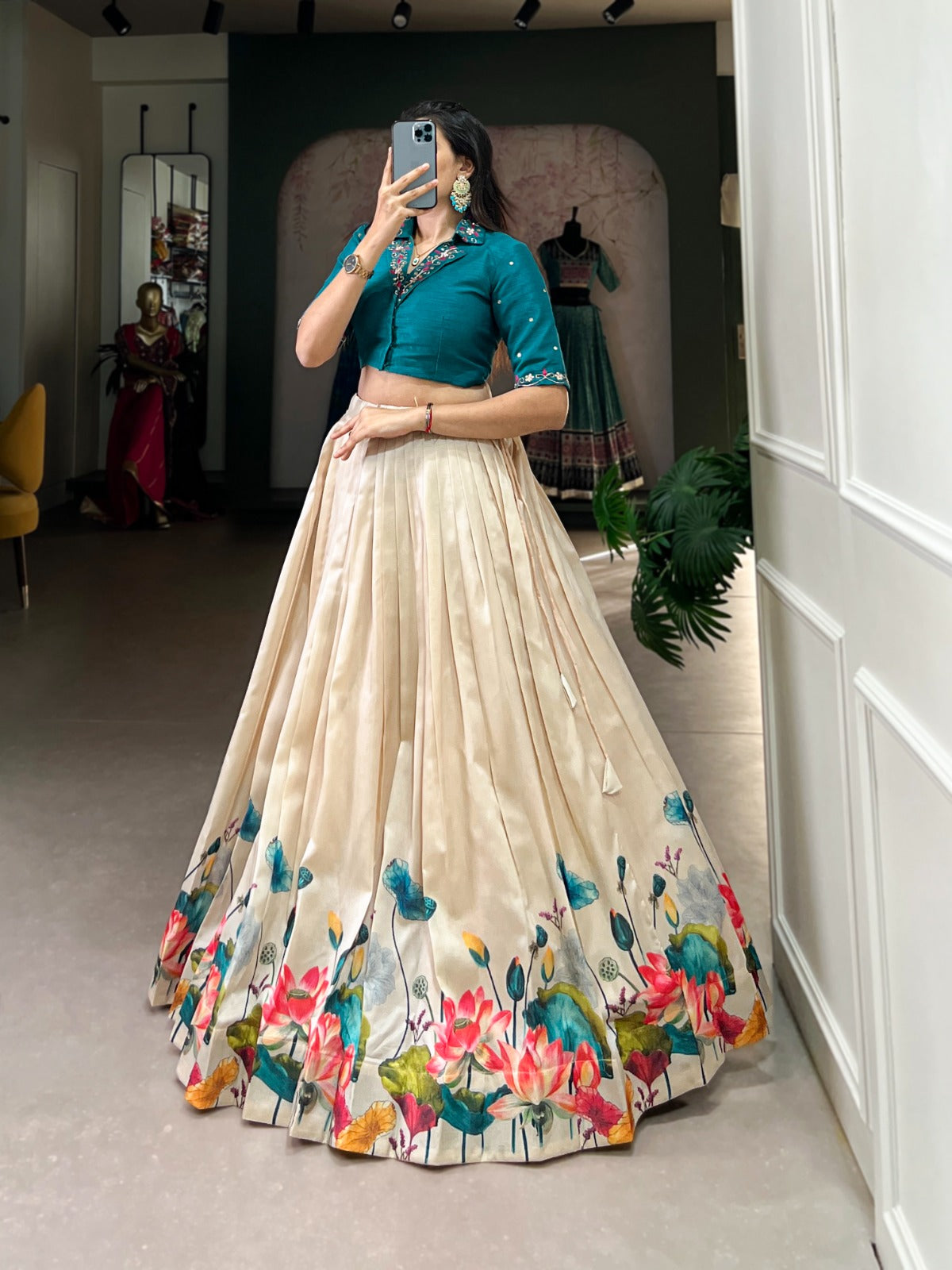 Tussar silk fabric Floral print work lehenga with stitched blouse Off White Lehenga choli