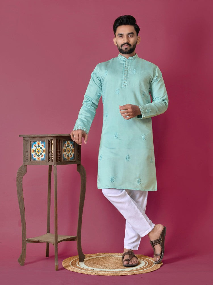 Men's Kurta pajama set Roman silk fabric Val Moti handwork