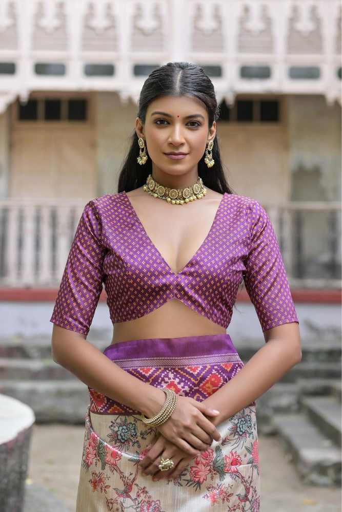 Soft tussar silk saree Patola print on pallu with floral print all over saree with contrast blouse