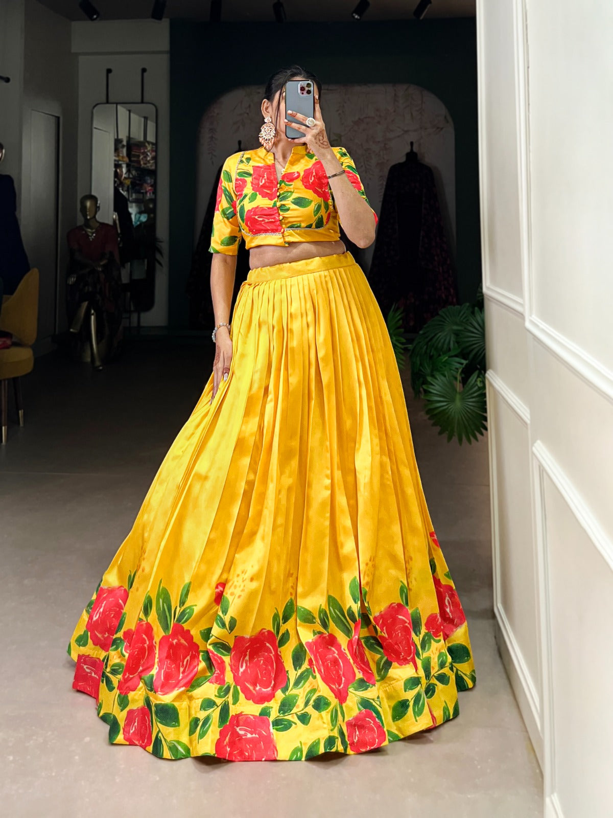 Lehenga choli Tussar silk fabric with flower print work lehenga with stitched blouse
