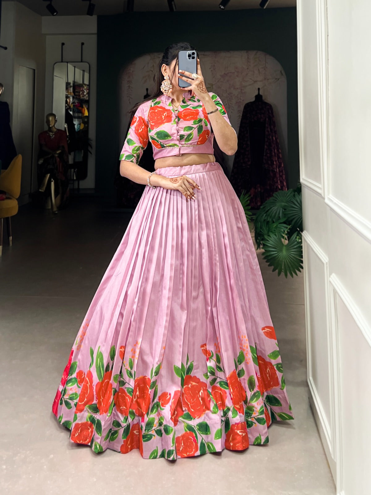 Lehenga choli Tussar silk fabric with flower print work lehenga with stitched blouse