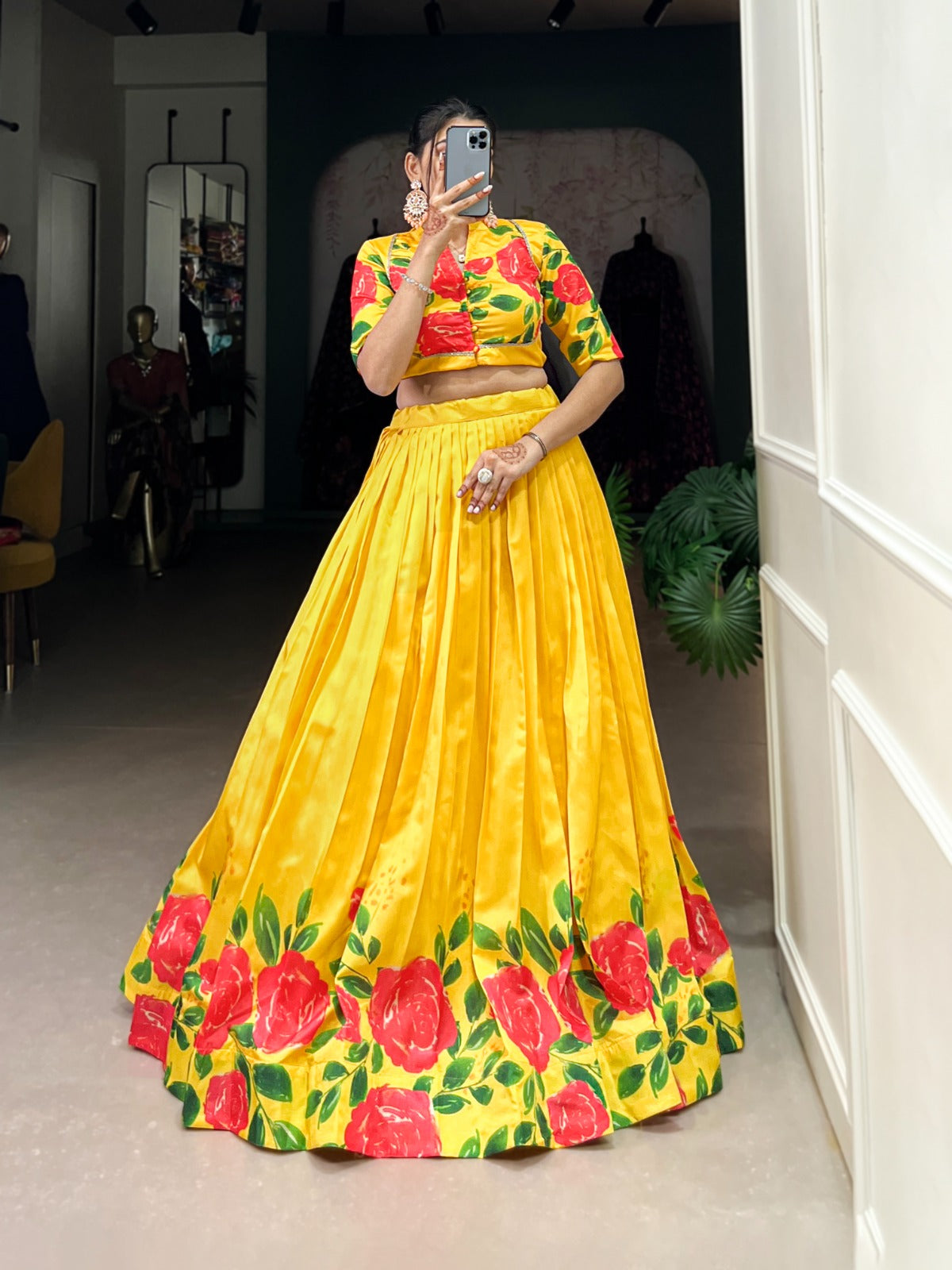Lehenga choli Tussar silk fabric with flower print work lehenga with stitched blouse