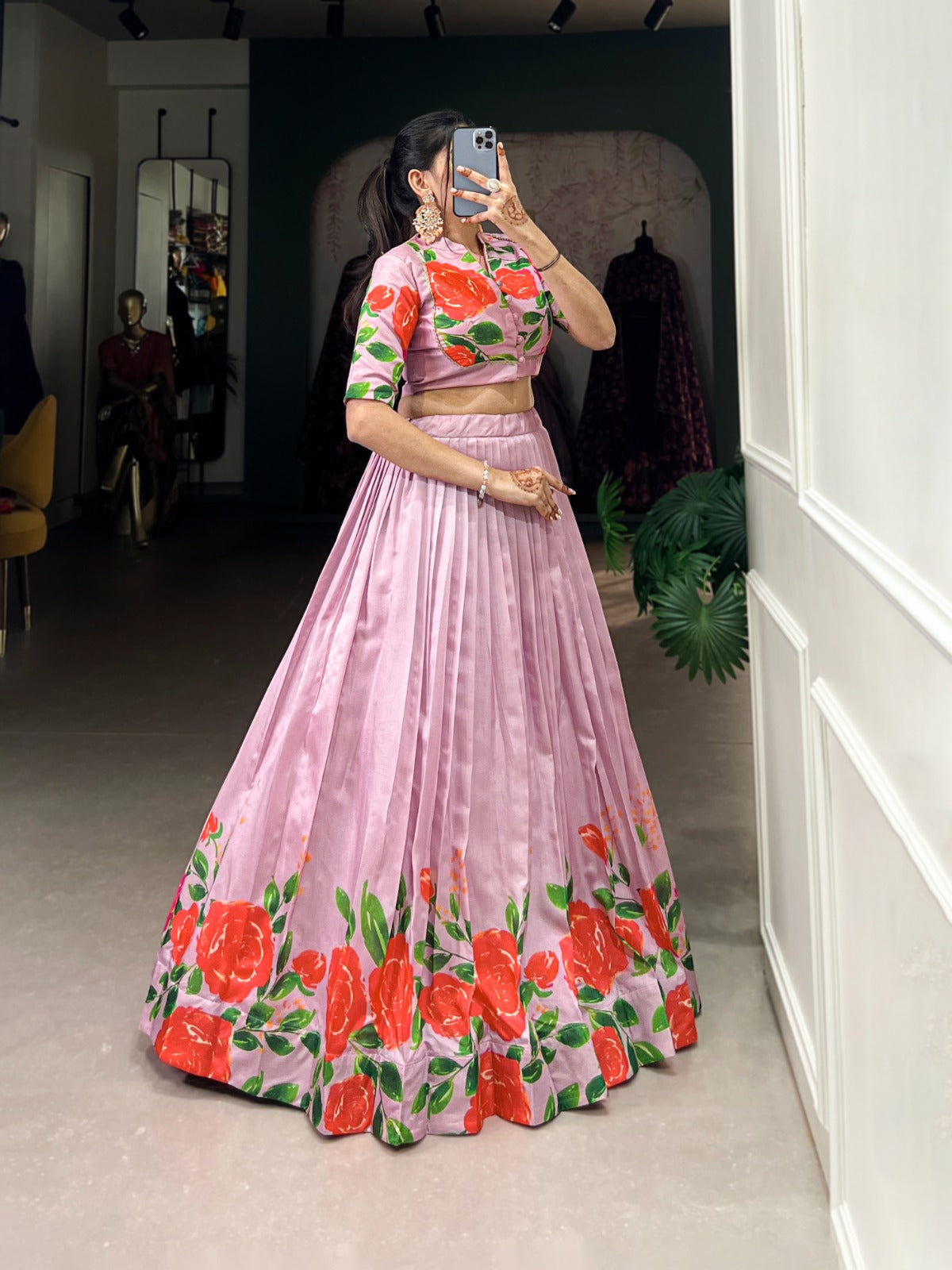 Lehenga choli Tussar silk fabric with flower print work lehenga with stitched blouse