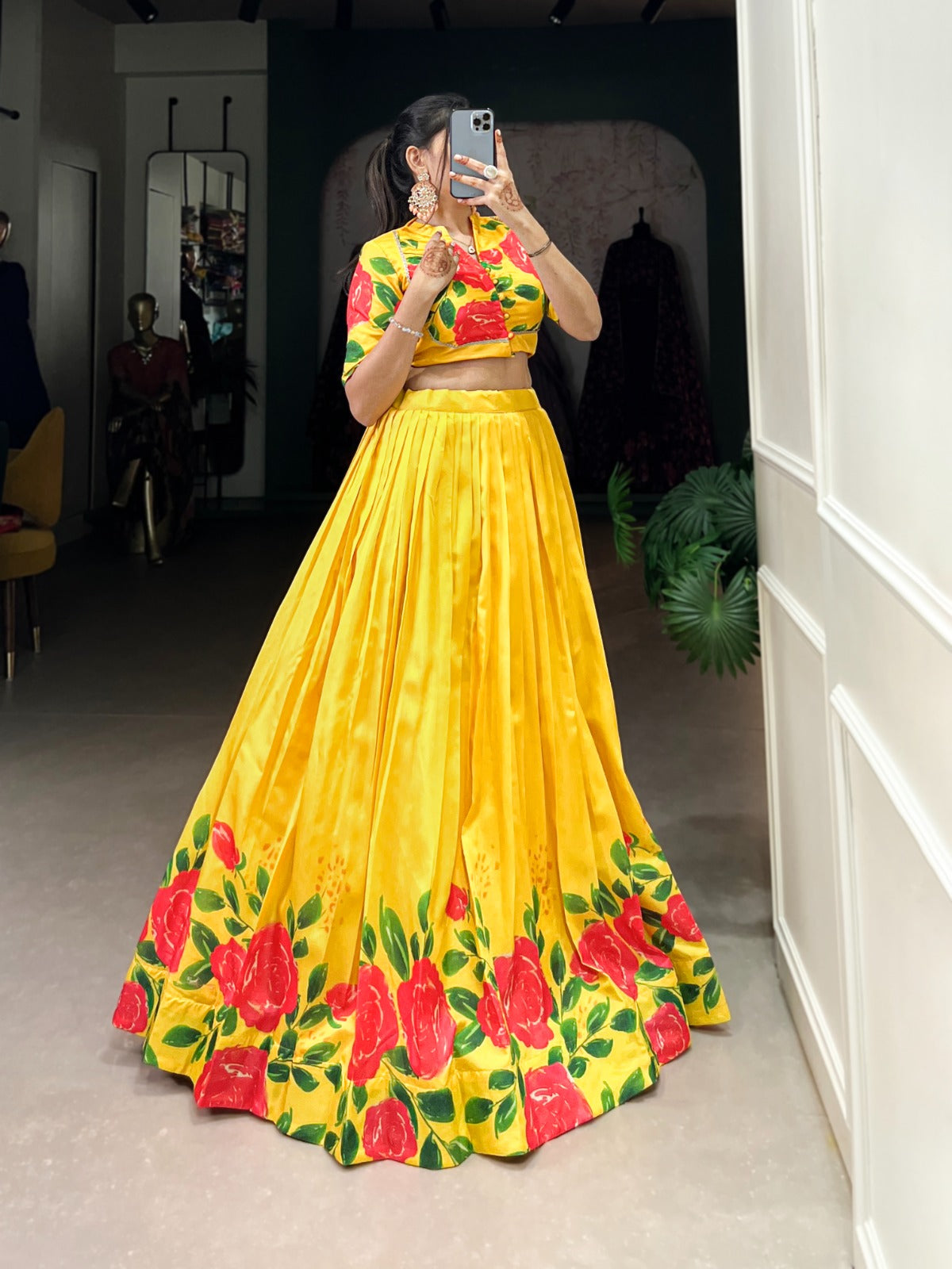 Lehenga choli Tussar silk fabric with flower print work lehenga with stitched blouse