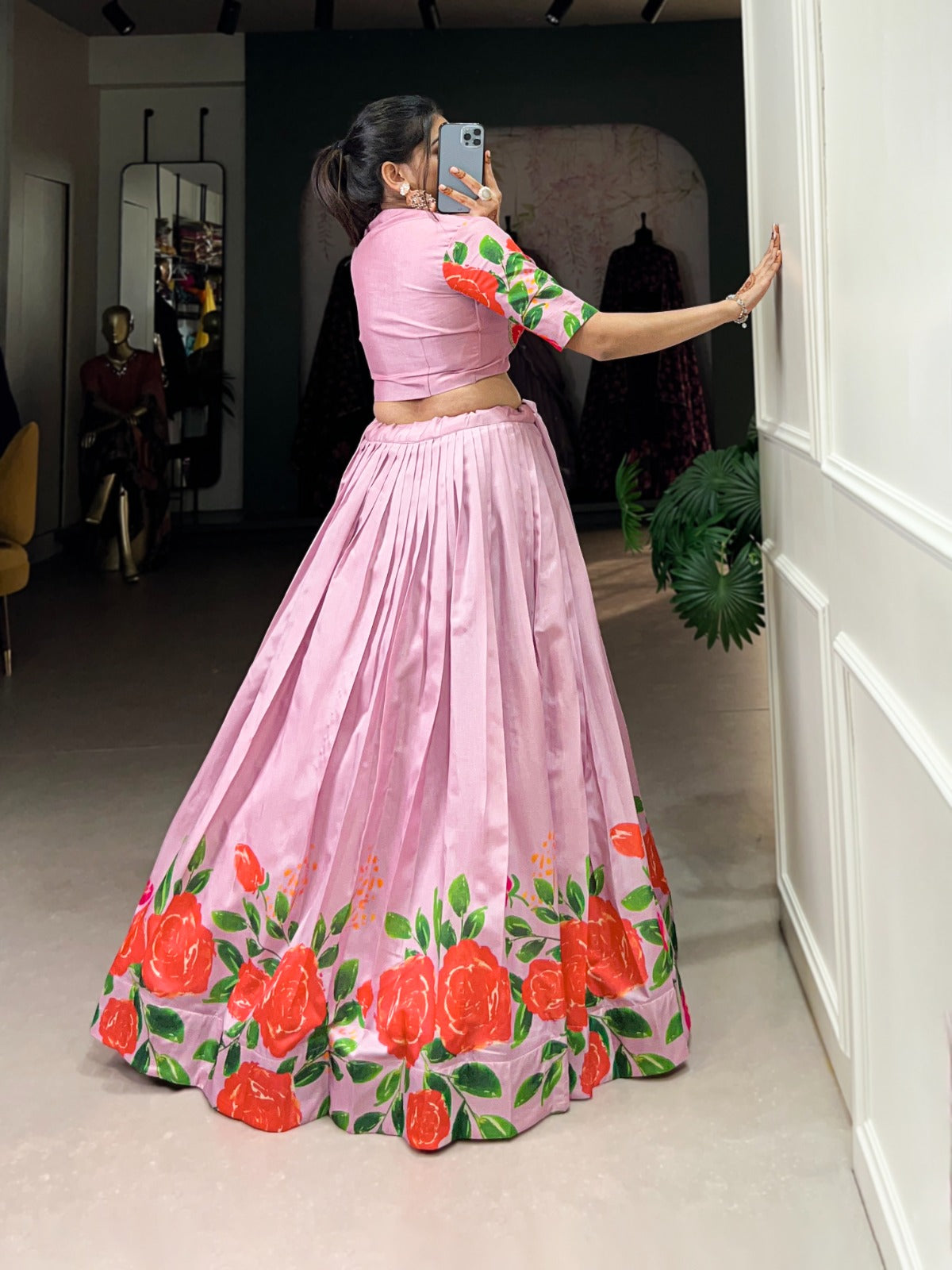 Lehenga choli Tussar silk fabric with flower print work lehenga with stitched blouse