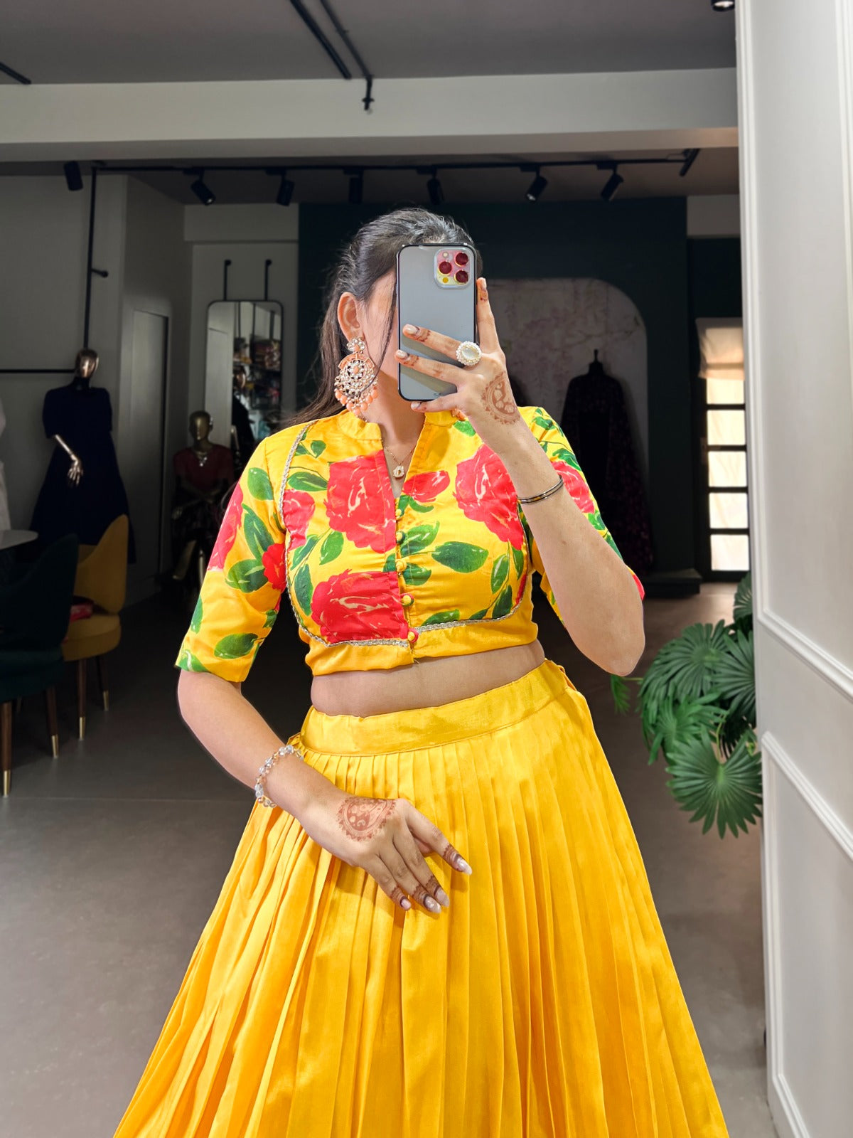 Lehenga choli Tussar silk fabric with flower print work lehenga with stitched blouse