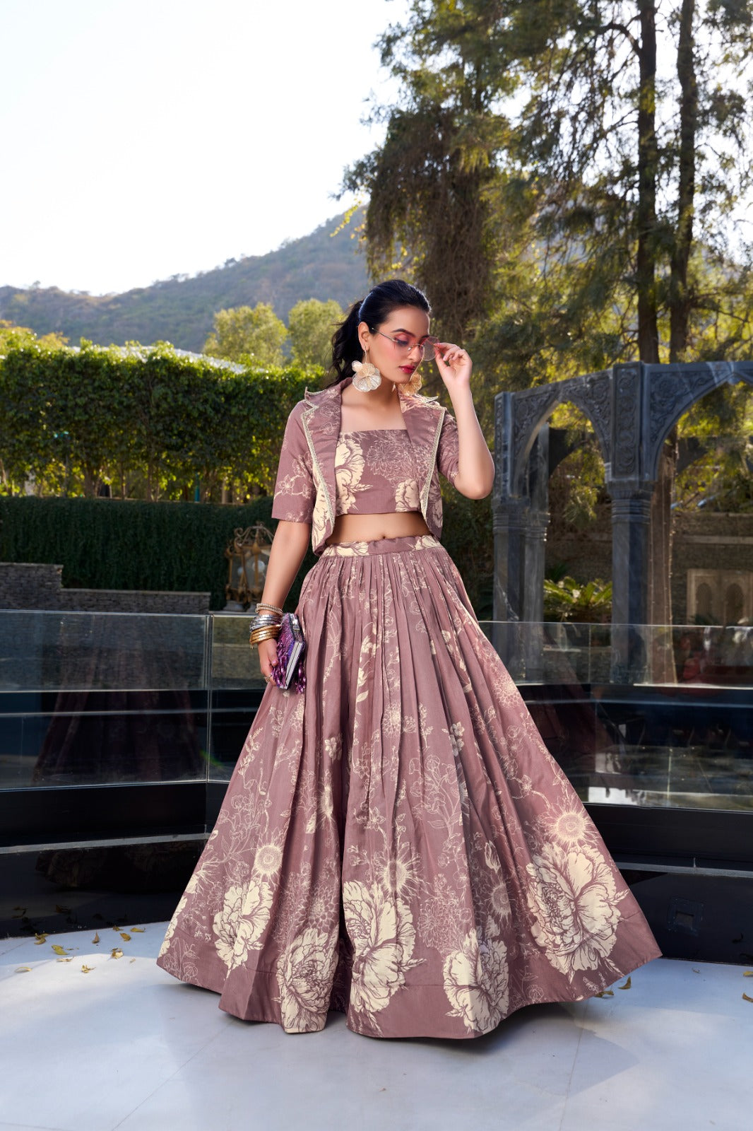 Floral print lehenga with blouse Women's wear Tussar silk fabric Lehenga choli with koti