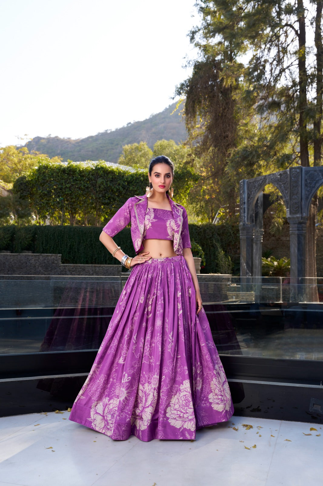 Floral print lehenga with blouse Women's wear Tussar silk fabric Lehenga choli with koti
