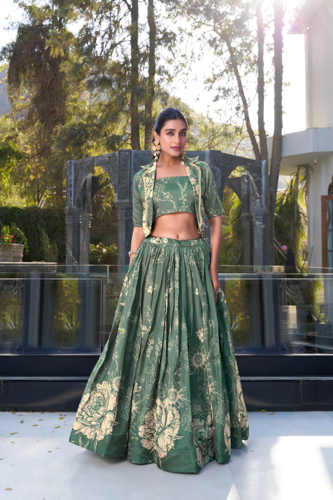Floral print lehenga with blouse Women's wear Tussar silk fabric Lehenga choli with koti