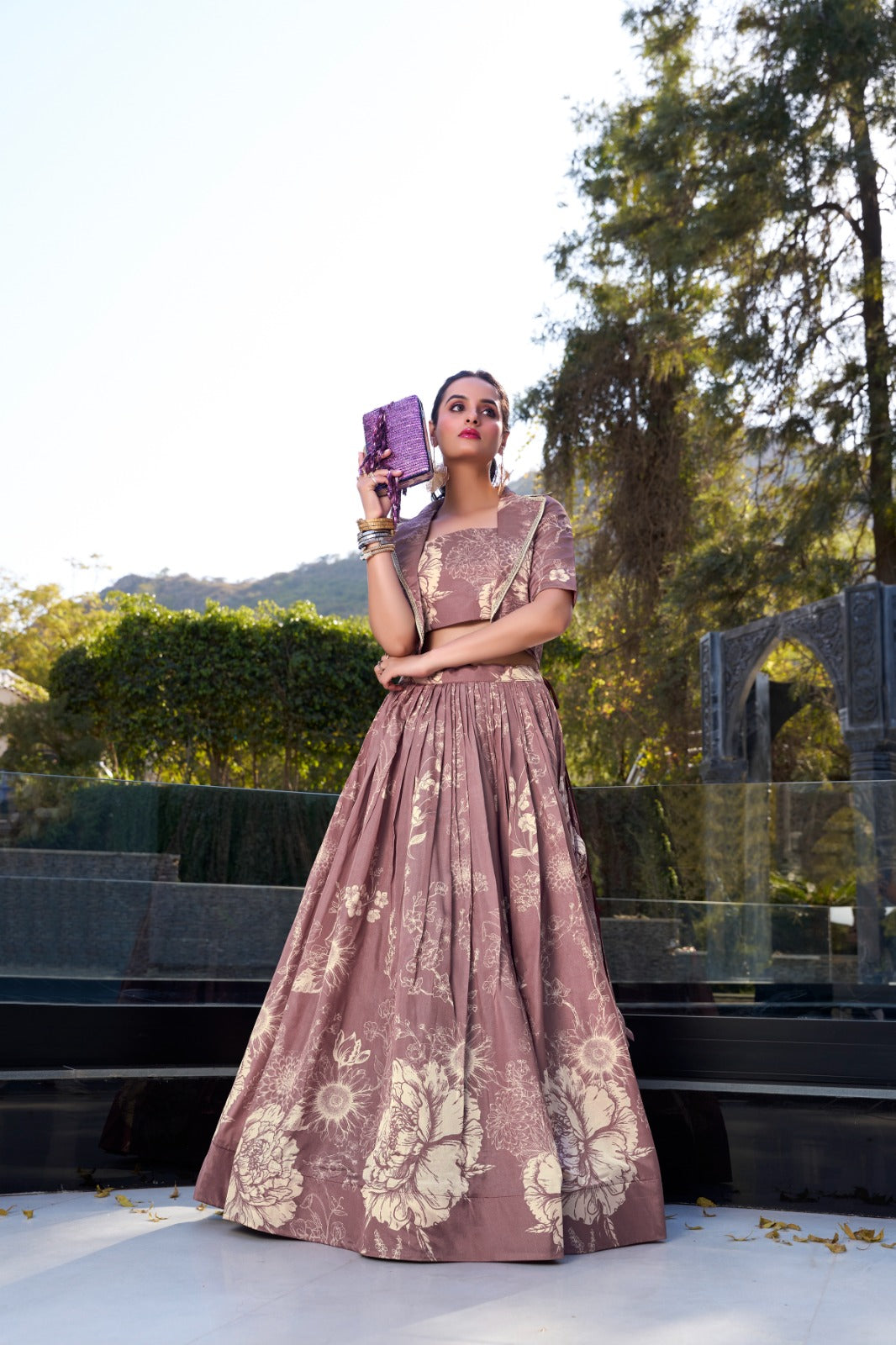 Floral print lehenga with blouse Women's wear Tussar silk fabric Lehenga choli with koti