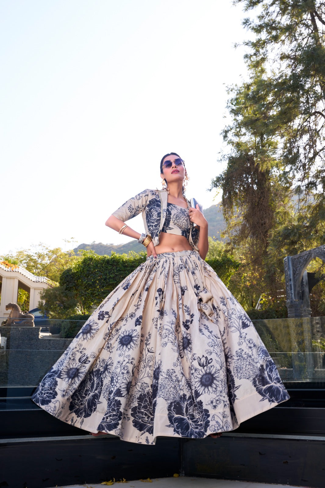 Floral print lehenga with blouse Women's wear Tussar silk fabric Lehenga choli with koti