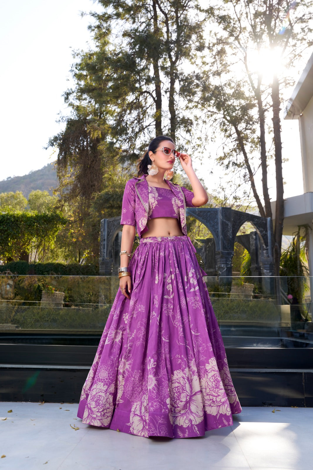 Floral print lehenga with blouse Women's wear Tussar silk fabric Lehenga choli with koti