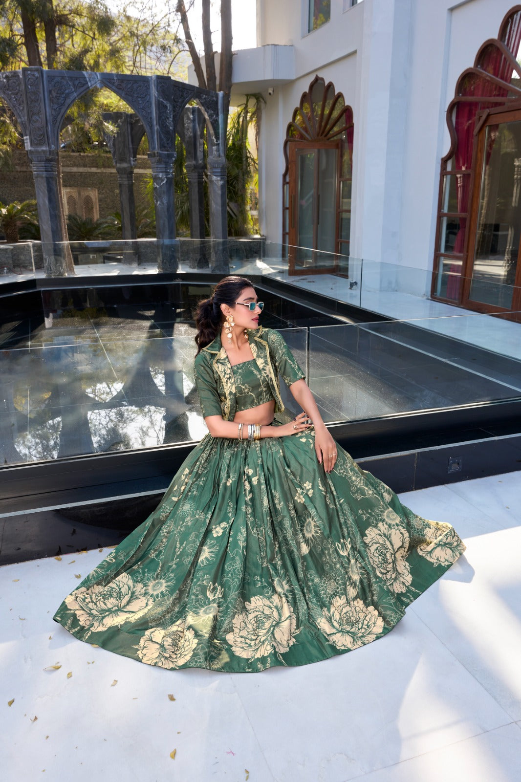 Floral print lehenga with blouse Women's wear Tussar silk fabric Lehenga choli with koti