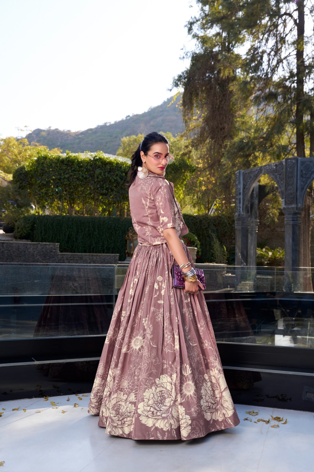 Floral print lehenga with blouse Women's wear Tussar silk fabric Lehenga choli with koti