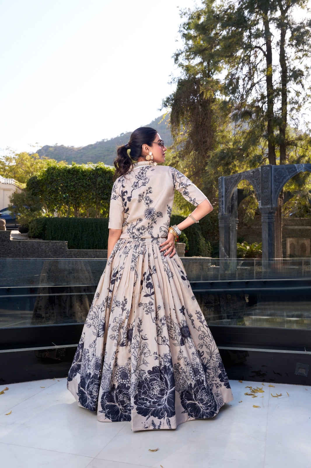 Floral print lehenga with blouse Women's wear Tussar silk fabric Lehenga choli with koti
