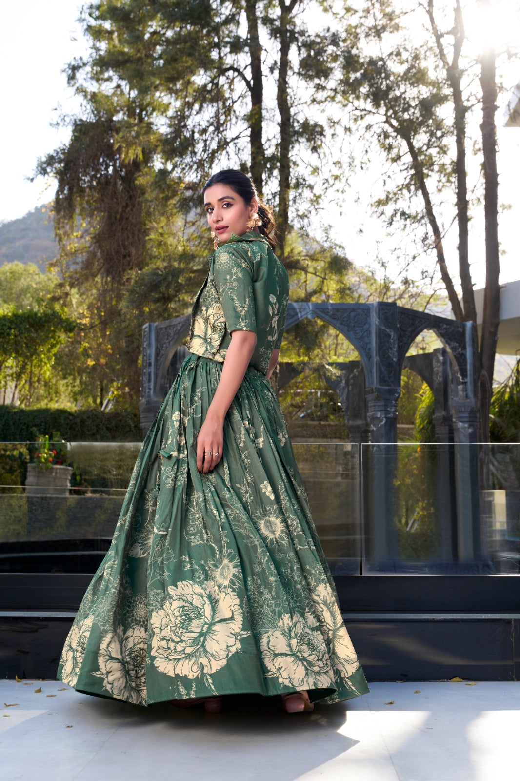 Floral print lehenga with blouse Women's wear Tussar silk fabric Lehenga choli with koti
