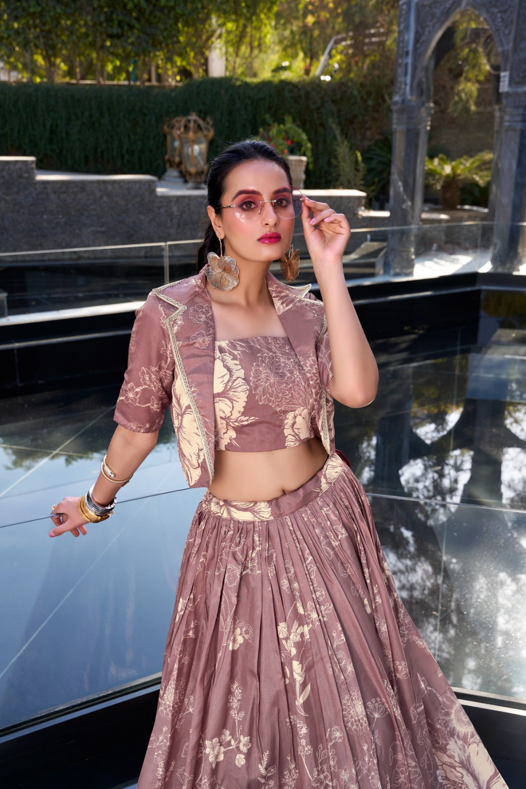 Floral print lehenga with blouse Women's wear Tussar silk fabric Lehenga choli with koti