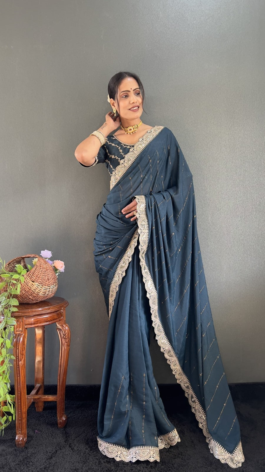 Star georgette silk Heavy lace with Swarovski work Ready to wear saree