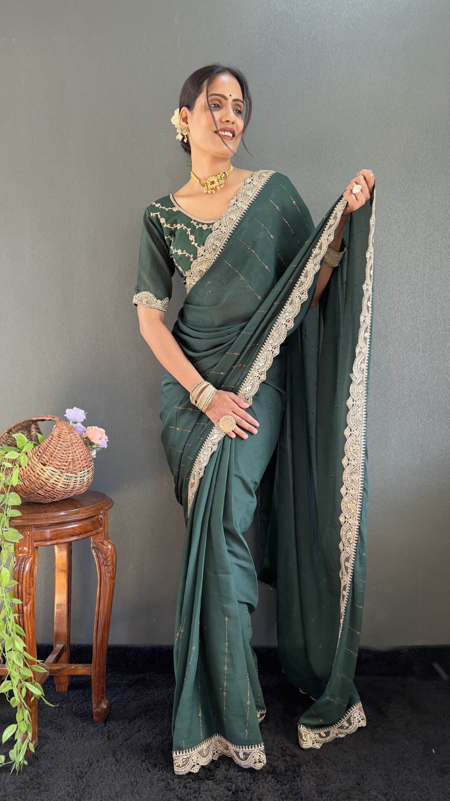 Star georgette silk Heavy lace with Swarovski work Ready to wear saree