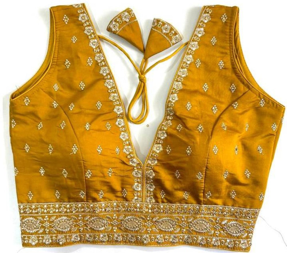 Women's wear blouse Silk fabric with thread hand work Deep v neck sleeveless Padded blouse