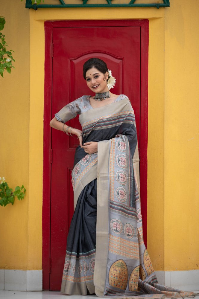Soft tussar silk Saree Zari border and Traditional Warli printed pallu Indian Saree Blouse