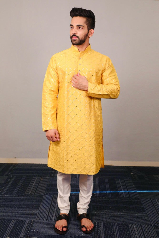 Soft silk fabric Embroidery with sequence work Men's kurta pajama set