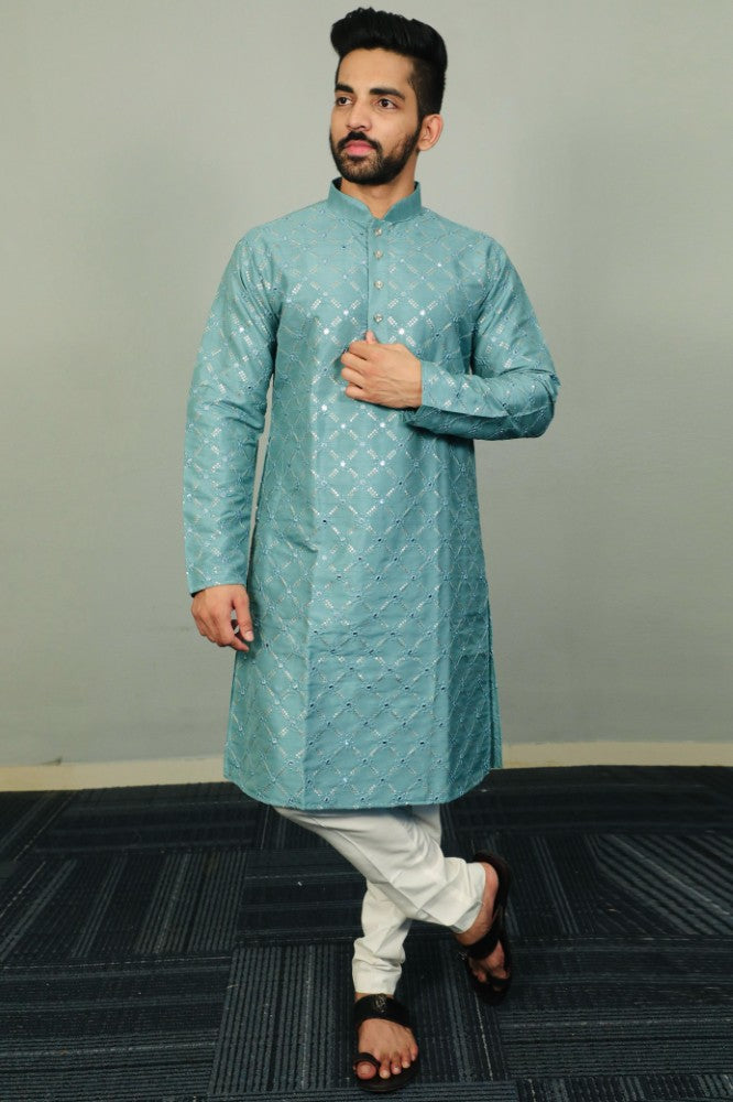 Soft silk fabric Embroidery with sequence work Men's kurta pajama set
