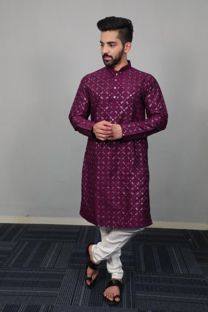 Soft silk fabric Embroidery with sequence work Men's kurta pajama set
