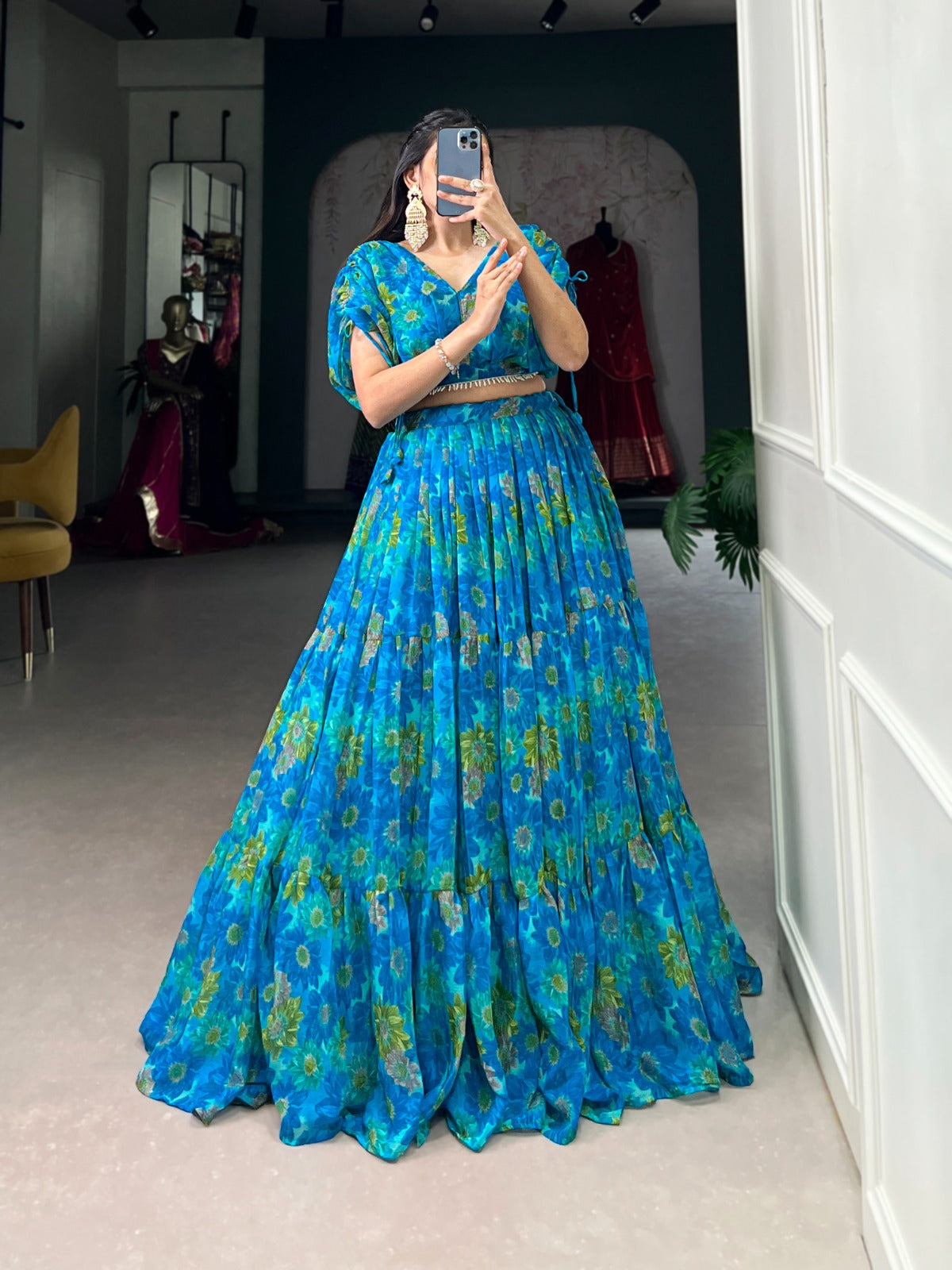 Chiffon fabric Co ord lehenga choli set Floral print work lehenga with blouse