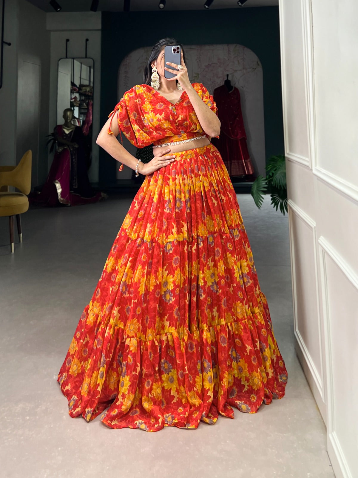 Chiffon fabric Co ord lehenga choli set Floral print work lehenga with blouse