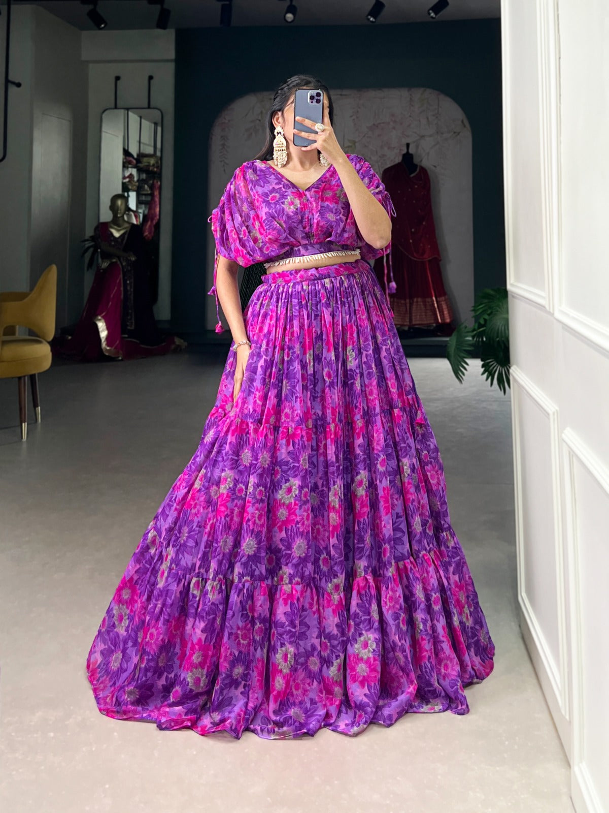 Chiffon fabric Co ord lehenga choli set Floral print work lehenga with blouse