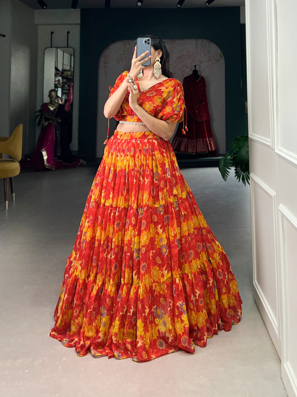 Chiffon fabric Co ord lehenga choli set Floral print work lehenga with blouse