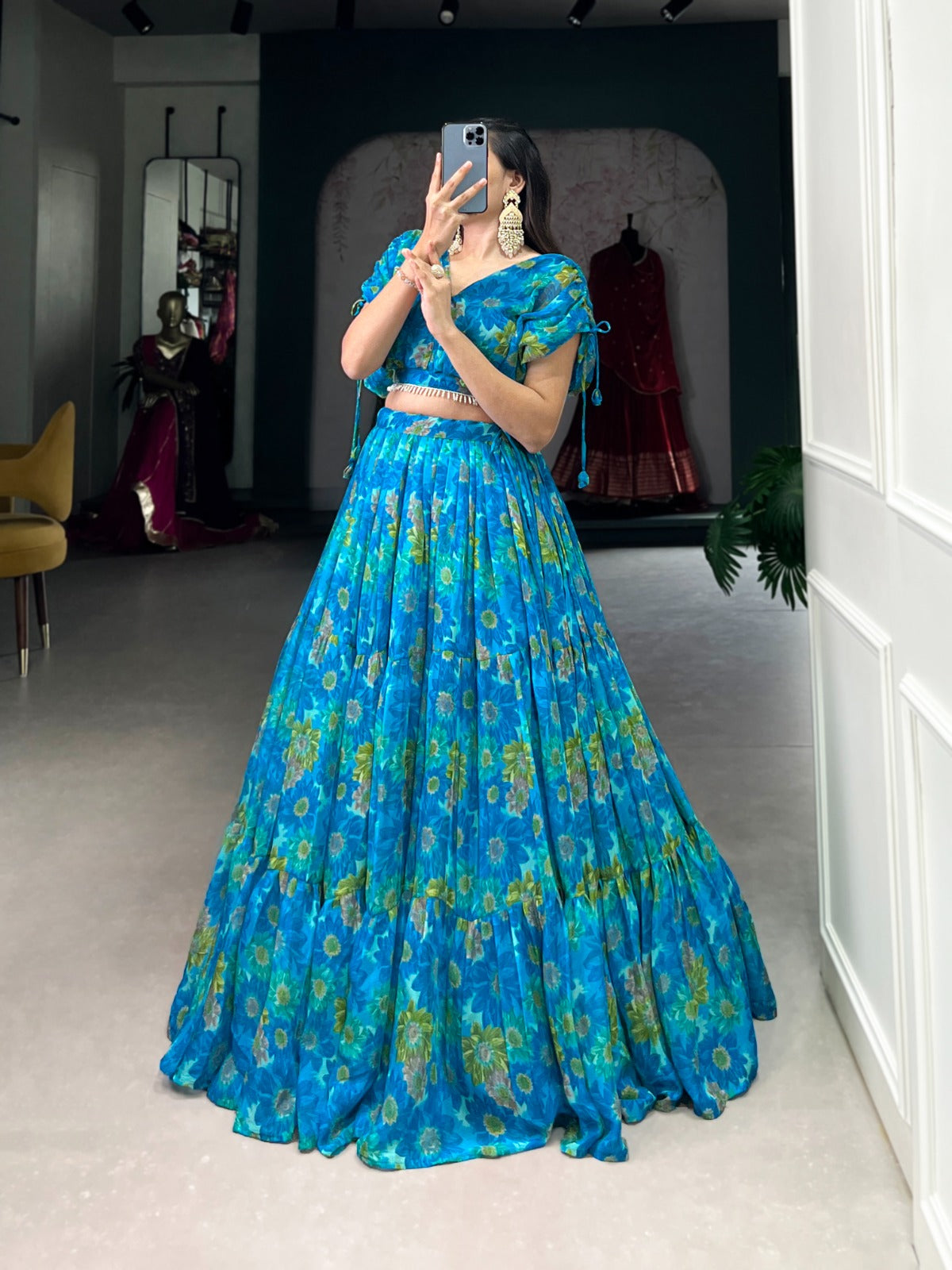 Chiffon fabric Co ord lehenga choli set Floral print work lehenga with blouse