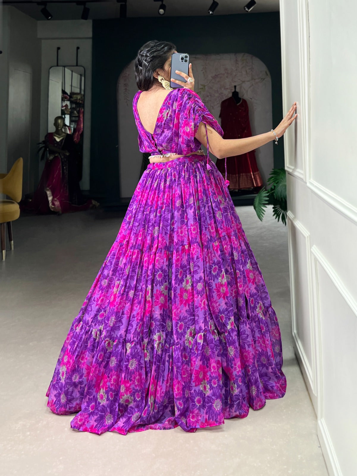 Chiffon fabric Co ord lehenga choli set Floral print work lehenga with blouse