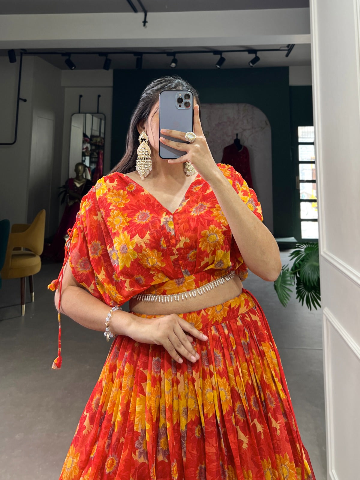 Chiffon fabric Co ord lehenga choli set Floral print work lehenga with blouse