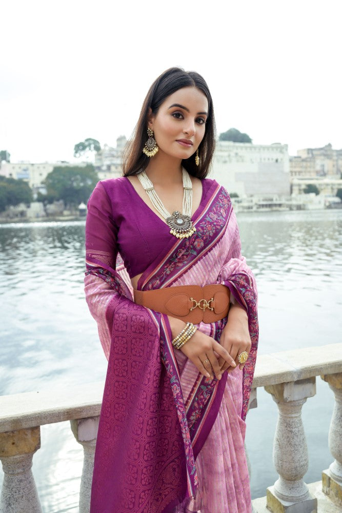 Soft Silk fabric with flower printed contrast border work saree Women's wear Indian saree