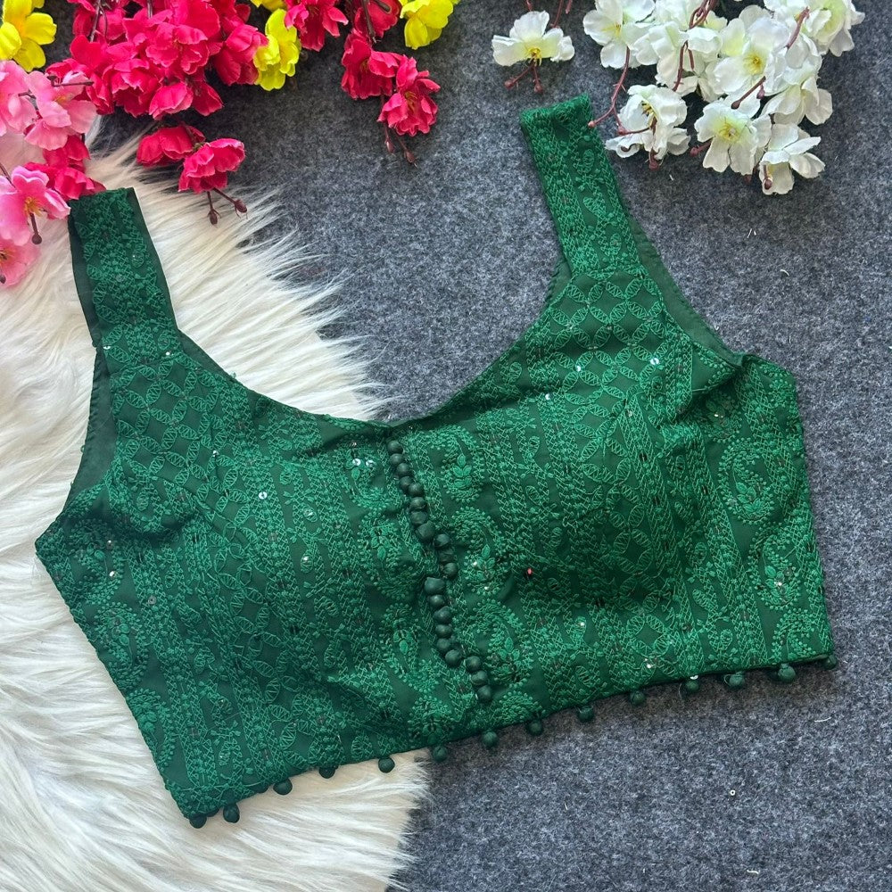 Sleeveless pom pom blouse Georgette fabric Embroidery with sequence work Padded saree blouse