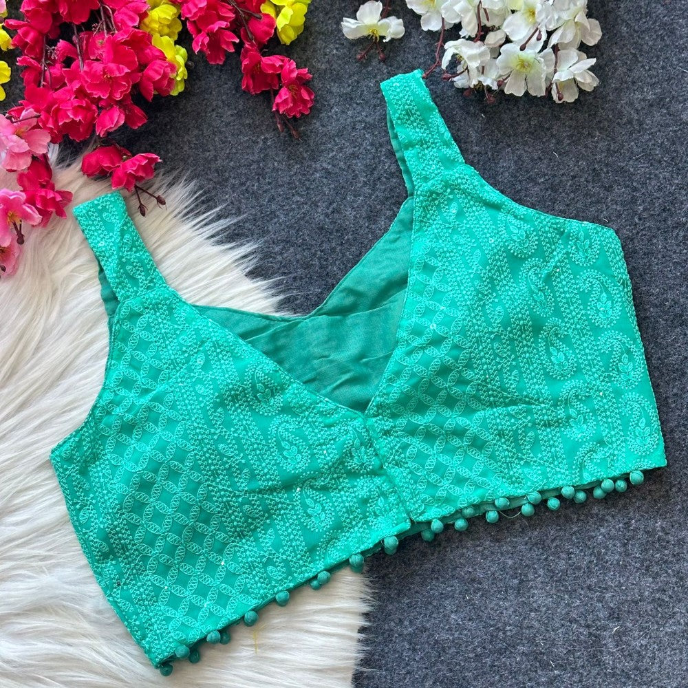 Sleeveless pom pom blouse Georgette fabric Embroidery with sequence work Padded saree blouse