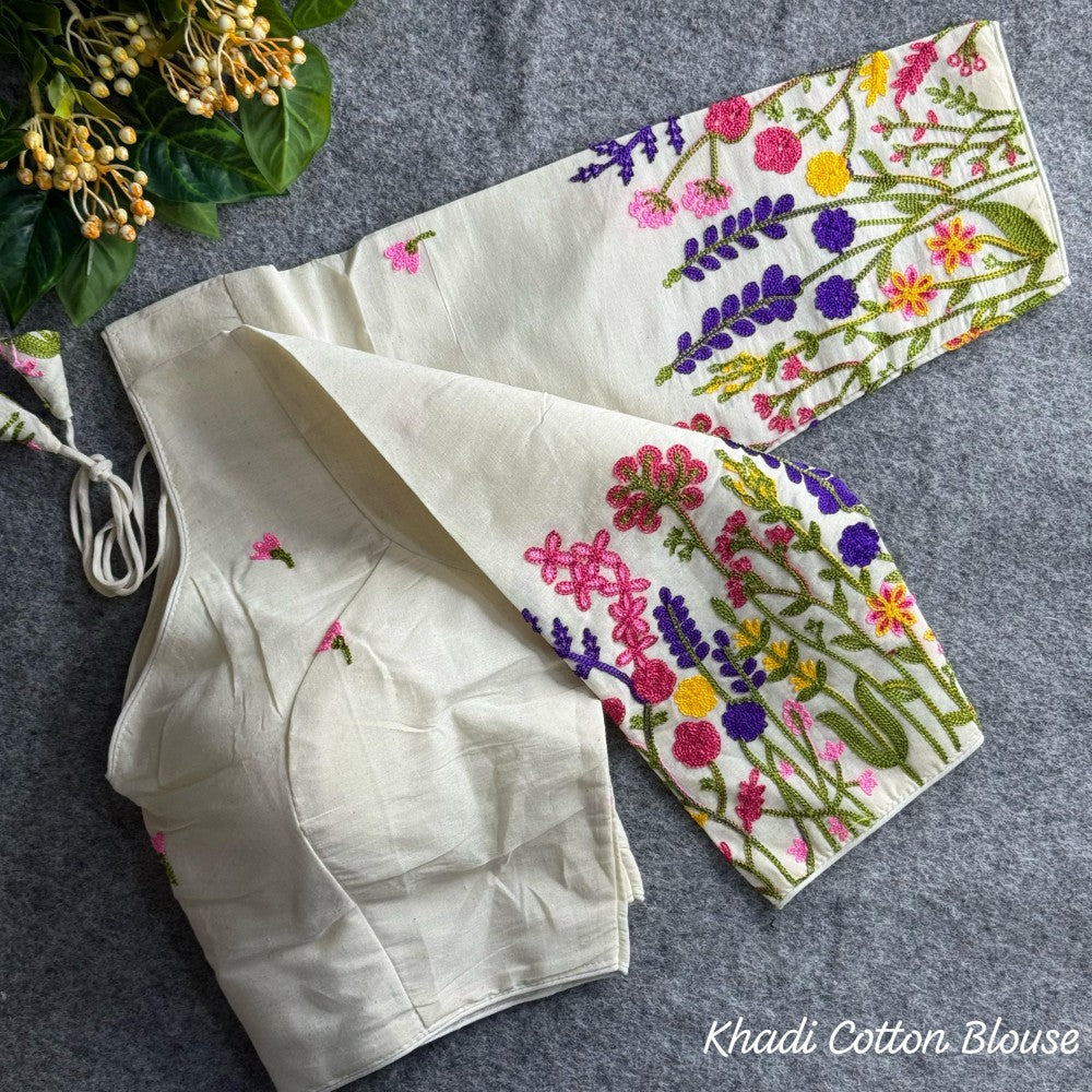 Khadi cotton fabric with chain stitch embroidery work blouse White blouse Women's wear padded blouse