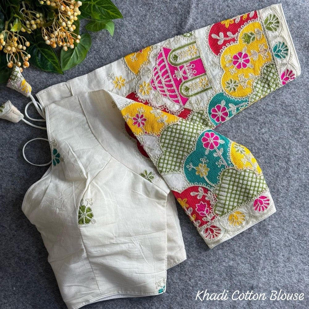Khadi cotton fabric with chain stitch embroidery work blouse White blouse Women's wear padded blouse