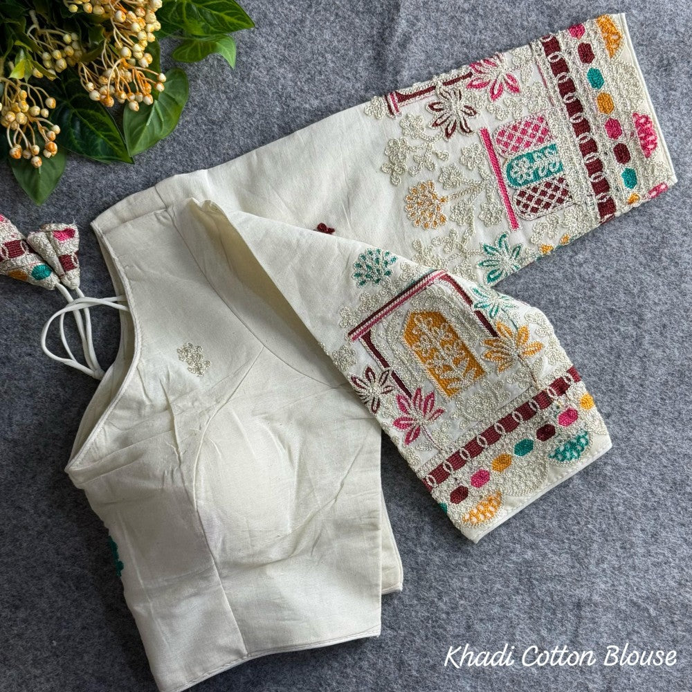 Khadi cotton fabric with chain stitch embroidery work blouse White blouse Women's wear padded blouse