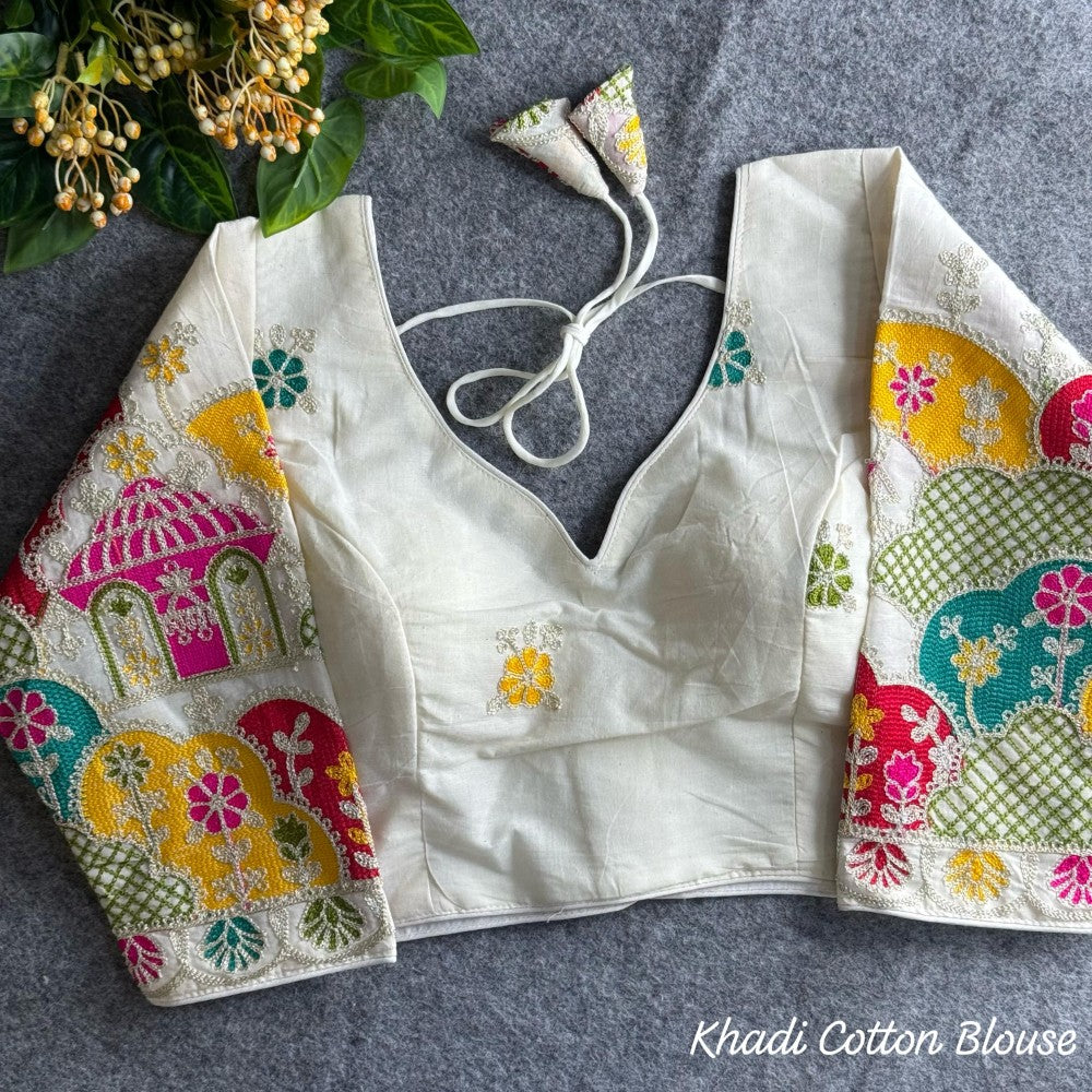 Khadi cotton fabric with chain stitch embroidery work blouse White blouse Women's wear padded blouse