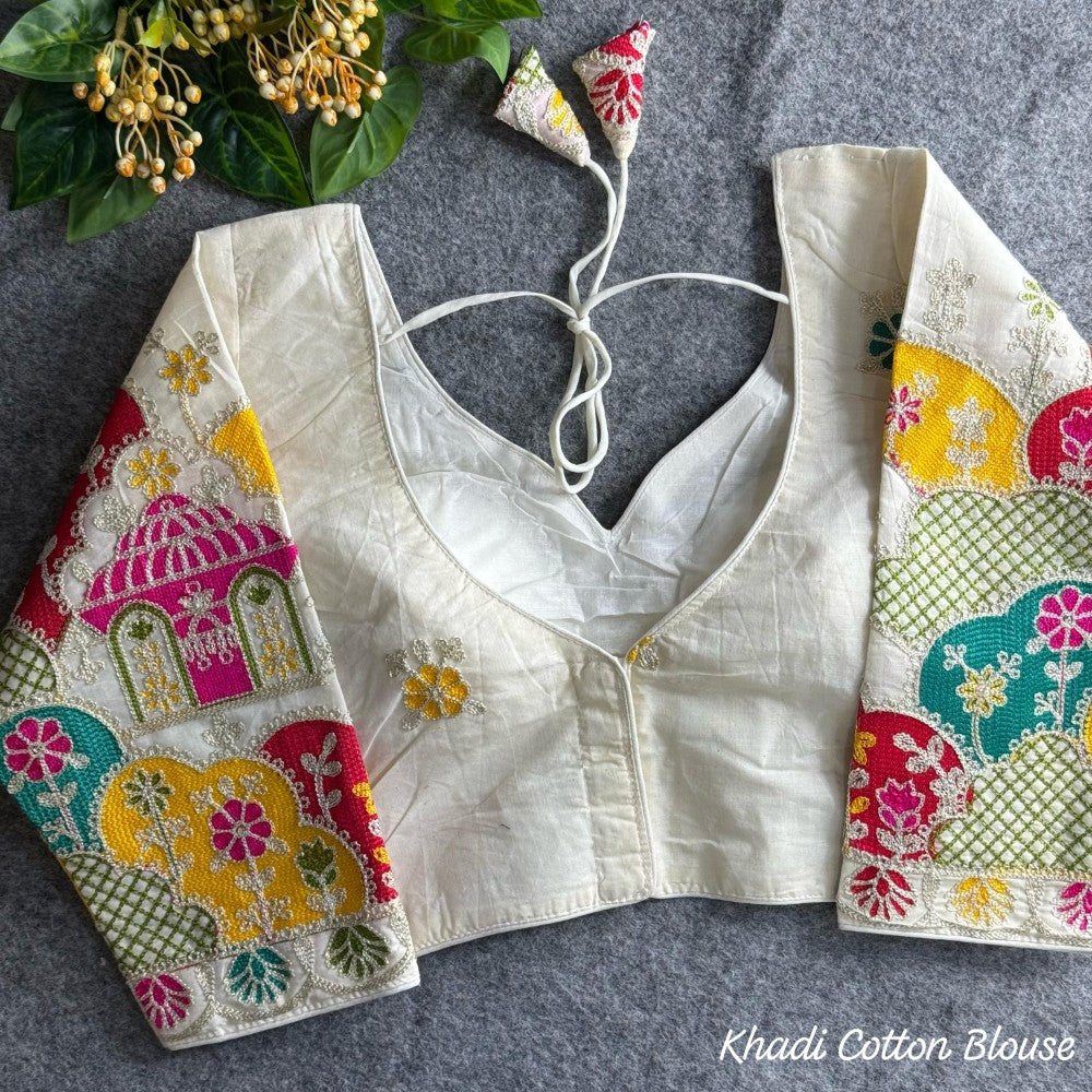 Khadi cotton fabric with chain stitch embroidery work blouse White blouse Women's wear padded blouse