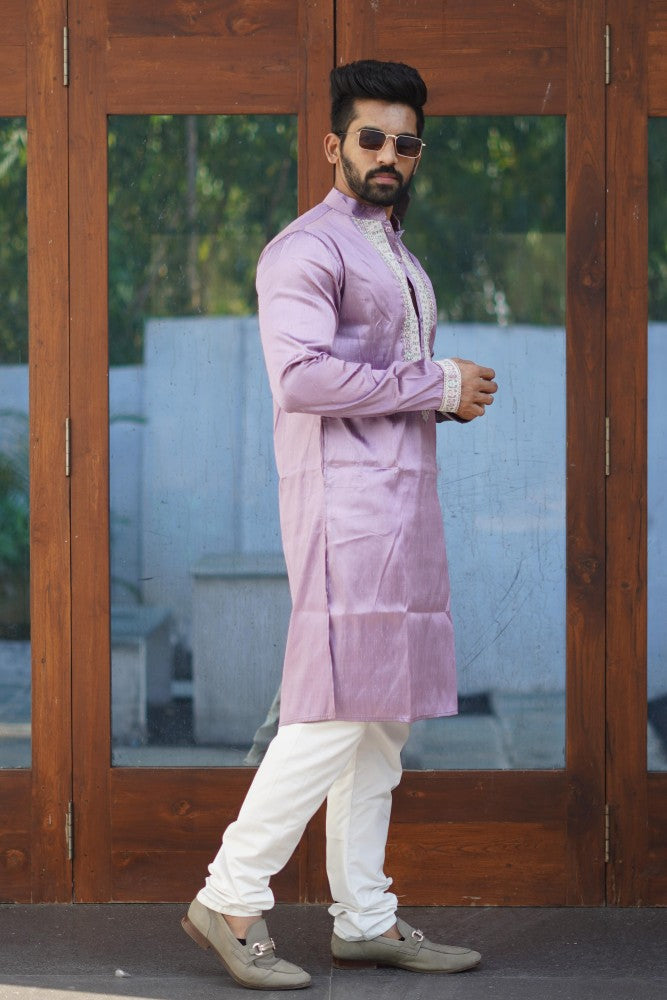 Shiny silk fabric kurta with embroidery coding work Men's kurta pajama set