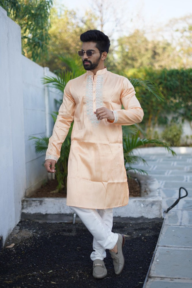 Shiny silk fabric kurta with embroidery coding work Men's kurta pajama set