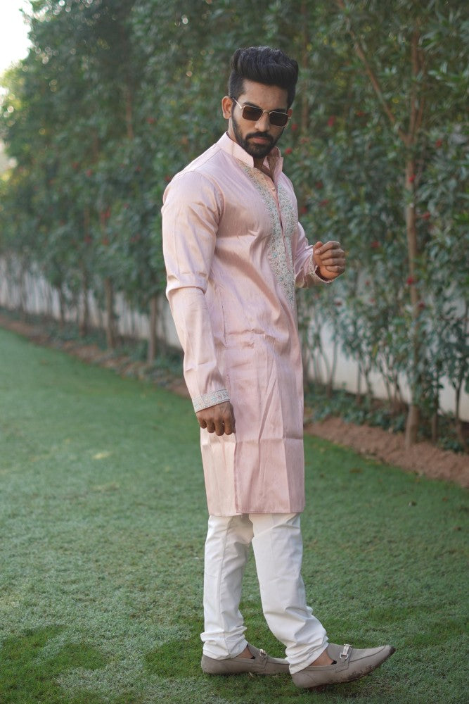 Shiny silk fabric kurta with embroidery coding work Men's kurta pajama set