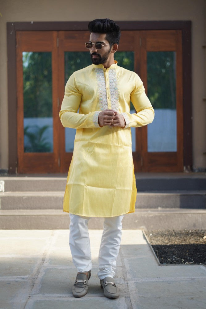 Shiny silk fabric kurta with embroidery coding work Men's kurta pajama set