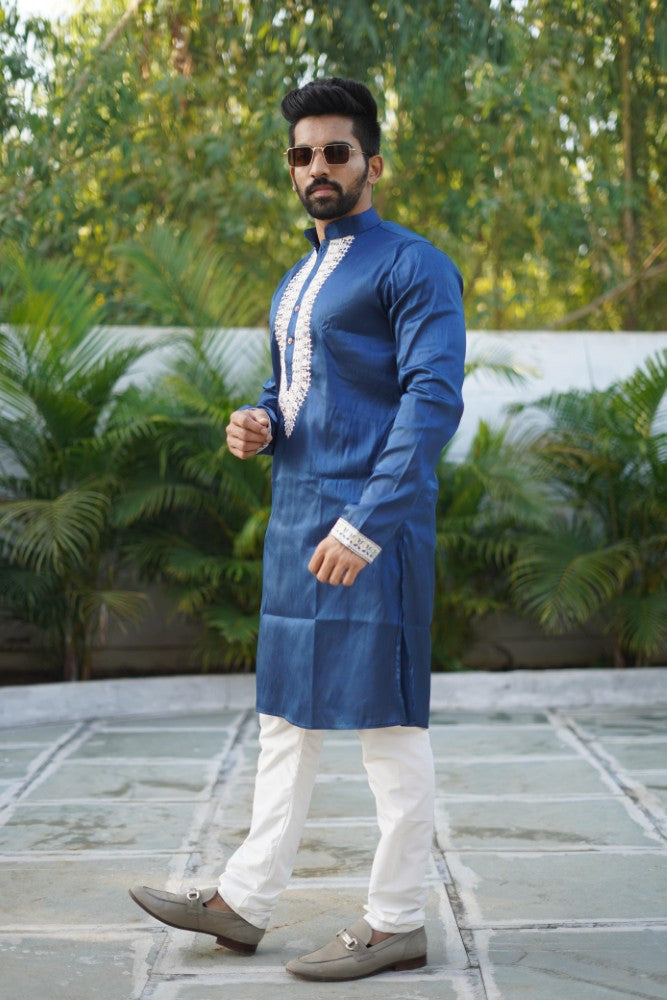 Shiny silk fabric kurta with embroidery coding work Men's kurta pajama set
